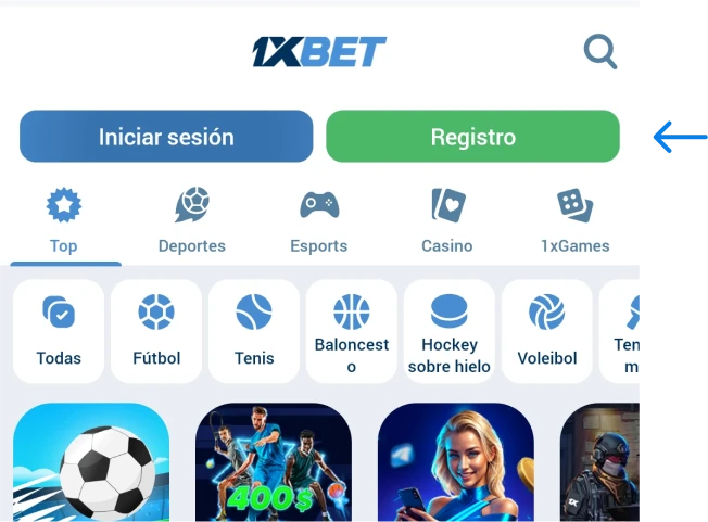 Toca el botón Registrarse 1xbet Betapk Colombia